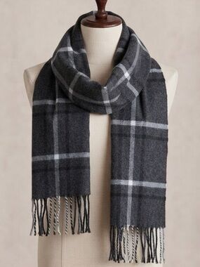 Calvin Klein Dark Gray Plaid Fringe Winter Scarf